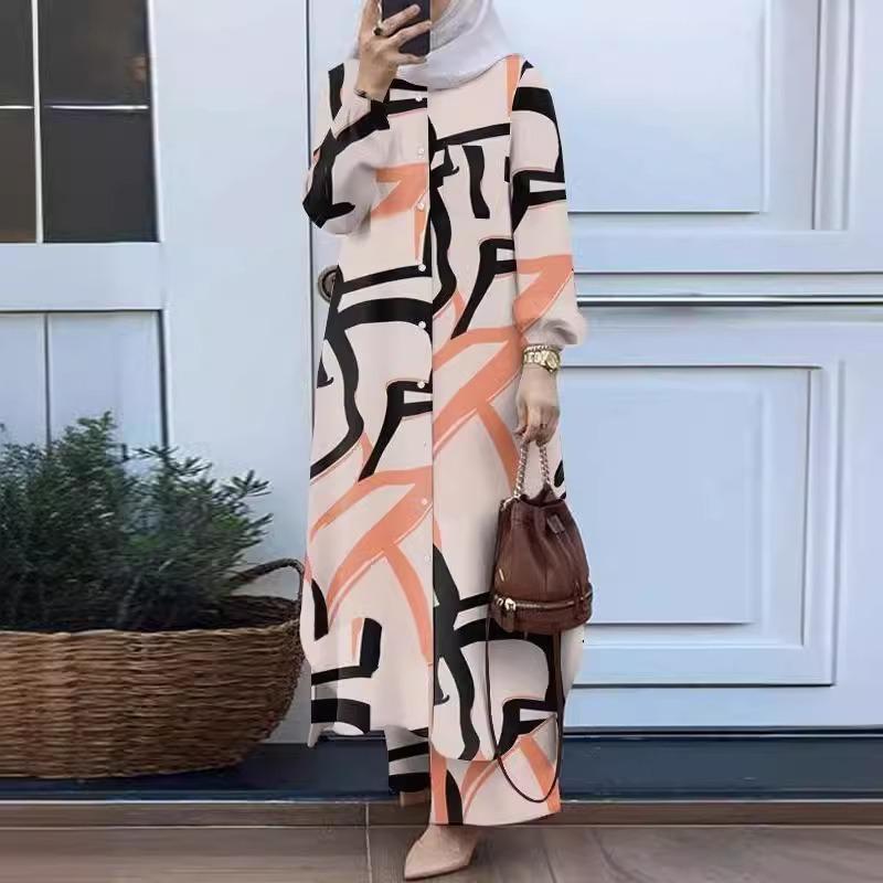 Muslim women's fashion floral print two-piece spring and autumn clothing retro long shirt wide-leg pants set