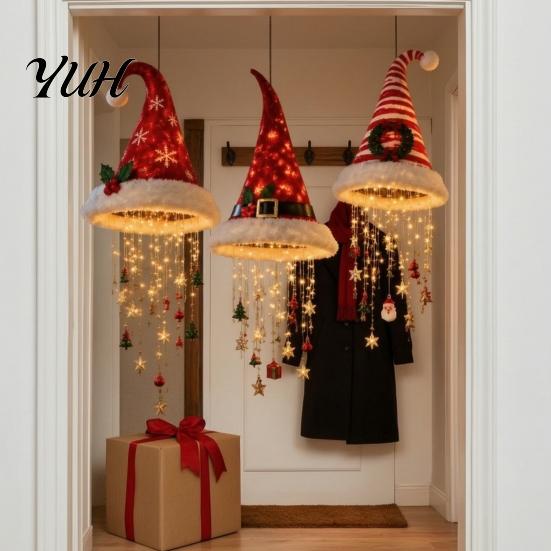 Decorative Hanging Ornaments for Ceiling Lighted Santa Hat Chandelier, Warm LED Christmas String, Sequined Cone Pendant Decor with Holiday Chandelier