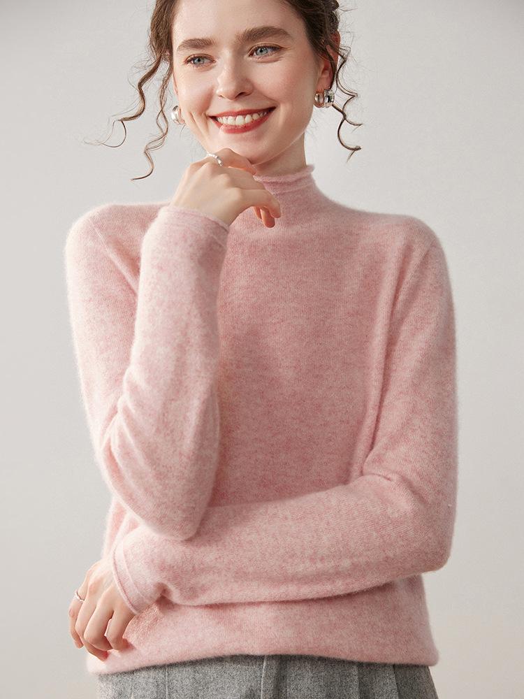Women's Cashmere Sweater: Solid Color, Rolled Hem, Half-High Collar, Long Sleeve, Loose Fit, Versatile Knitwear for Autumn and Winter.