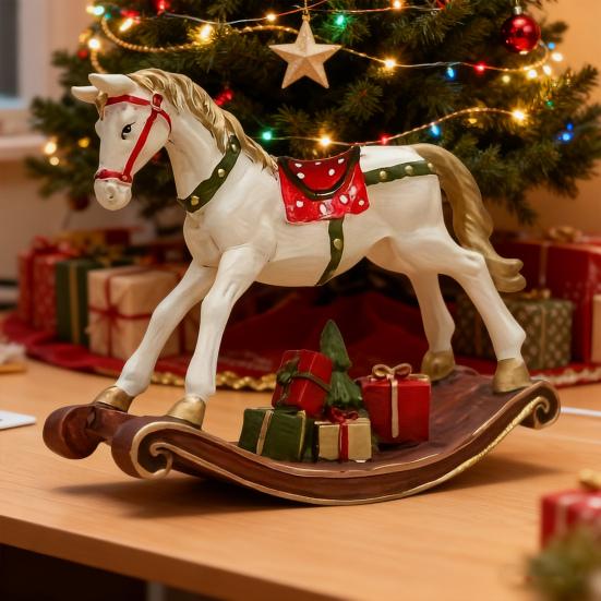 Hand-painted Rocking Horse Statue Vintage Wooden Horse Figurine Resin Pony Sculpture Home Office Desktop Decoration