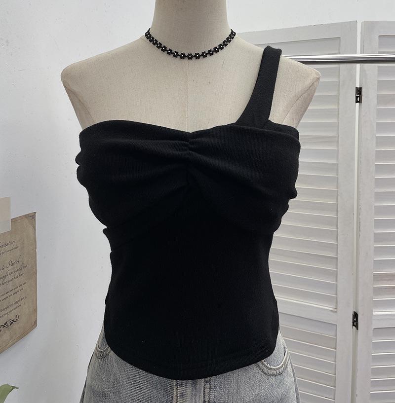 

Pleated One-Shoulder Bandeau Top with Chest Pads - Slim Knit Sleeveless Design One Size чёрный