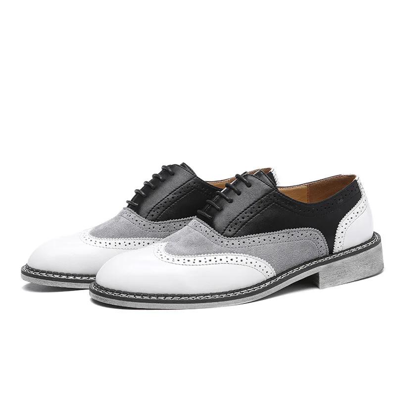 Fashion Large Size Men's Leather Shoes Color Matching Pointed Toe Business Casual Leather Shoes Men's Carved British Retro Shoes