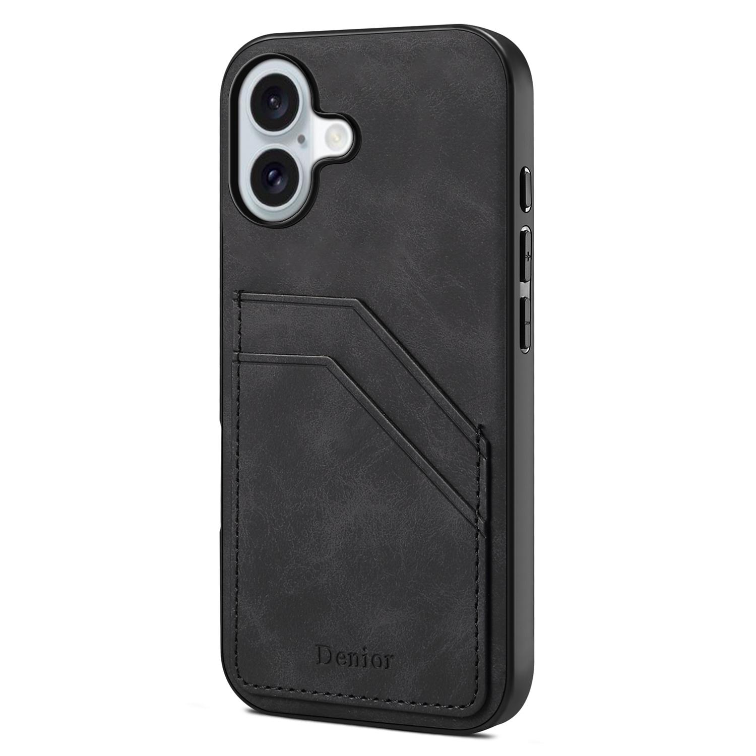 

DENIOR For iPhone 16 Plus Case Dual Card Slots PU Leather+TPU+PC Phone Cover Black