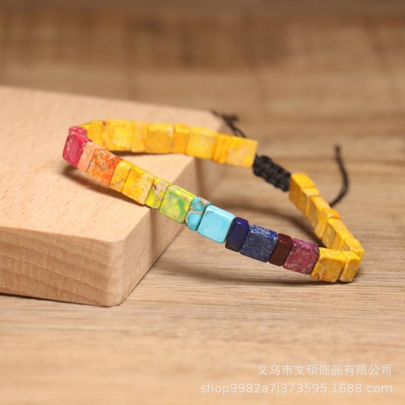 Rainbow Chakra Square Bead Bracelet – Adjustable Boho Jewelry, Energy Balance Joy Gift for Men & Women