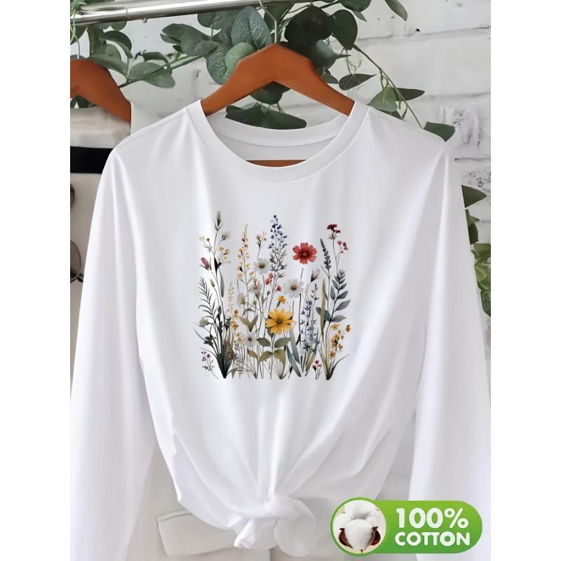 100% Cotton Floral Print Long Sleeve T-Shirt Fall Winter Round Neck Top with Vibrant Flower Design Casual  Aesthetic T Shirt