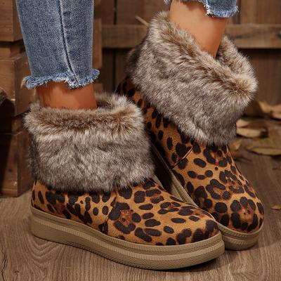 Leopard Print Faux Fur Snow Boots Women Comfy Non Slip Warm Plush Winter Ankle Boots Woman Plus Size 43 Slip On Short Booties