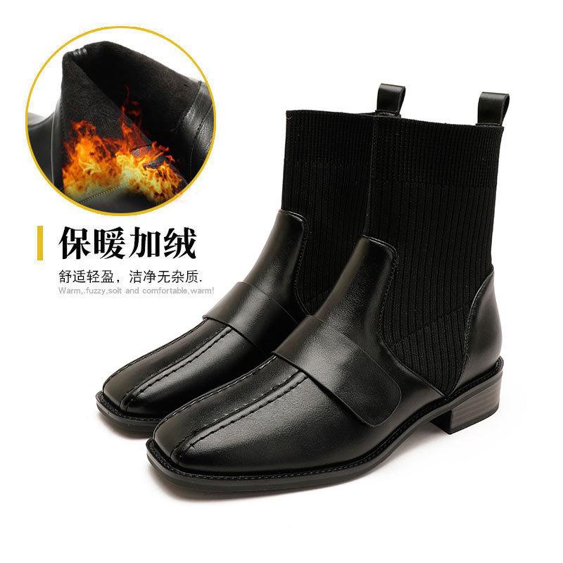 Elastic Socks Boots Knitted Short Boots 2025 New Autumn and Winter Retro Brown Low-heeled Medium Boots Square Head Thick Heel Thin Boots