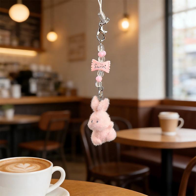 Flocked Resin Rabbit Beaded Phone Lanyard for Women DIY Cute Charm Bag Pendant Girl Friend Gift Accessory Bag Charm