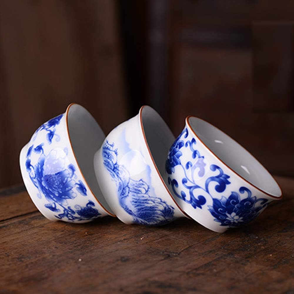 Chinese Handmade Kungfu Tea Cup 60 ml,Bone China Blue and White Tea Cups Set of 3,Ceramic Tea Mugs Without Handles,Best Gift