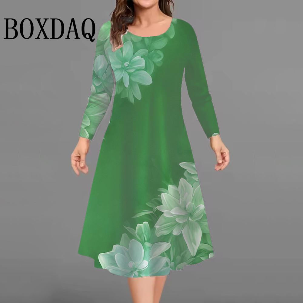 Flowers 3D Print Dresses For Women 2025 Autumn Winter Clothing Plus Size Long Sleeve Dress Casual Retro O-Neck Loose Mini Dress