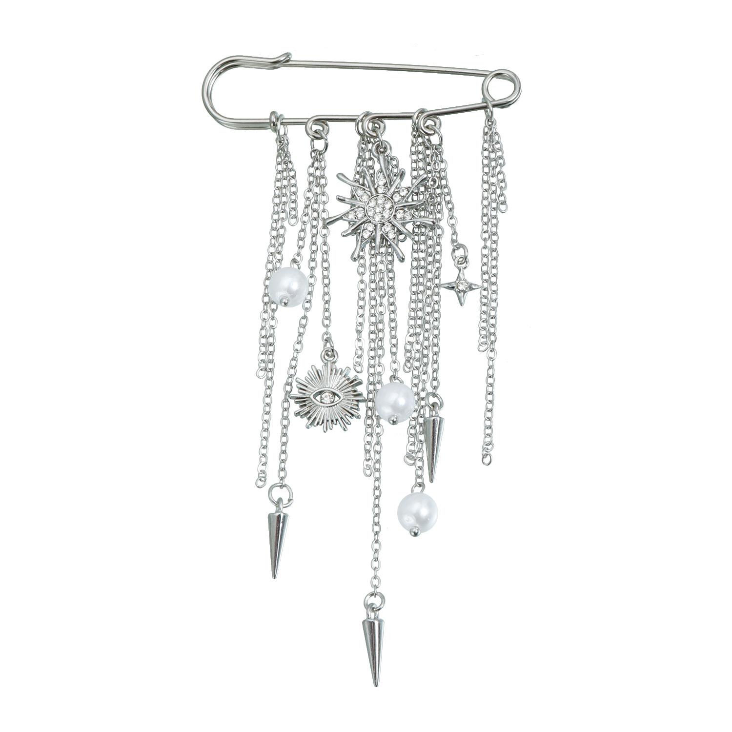 Jewelry, Heavy Industry Metal Chain Fringed Brooch, Fashion Exaggerated Sun Eye Pearl Diamond Pin