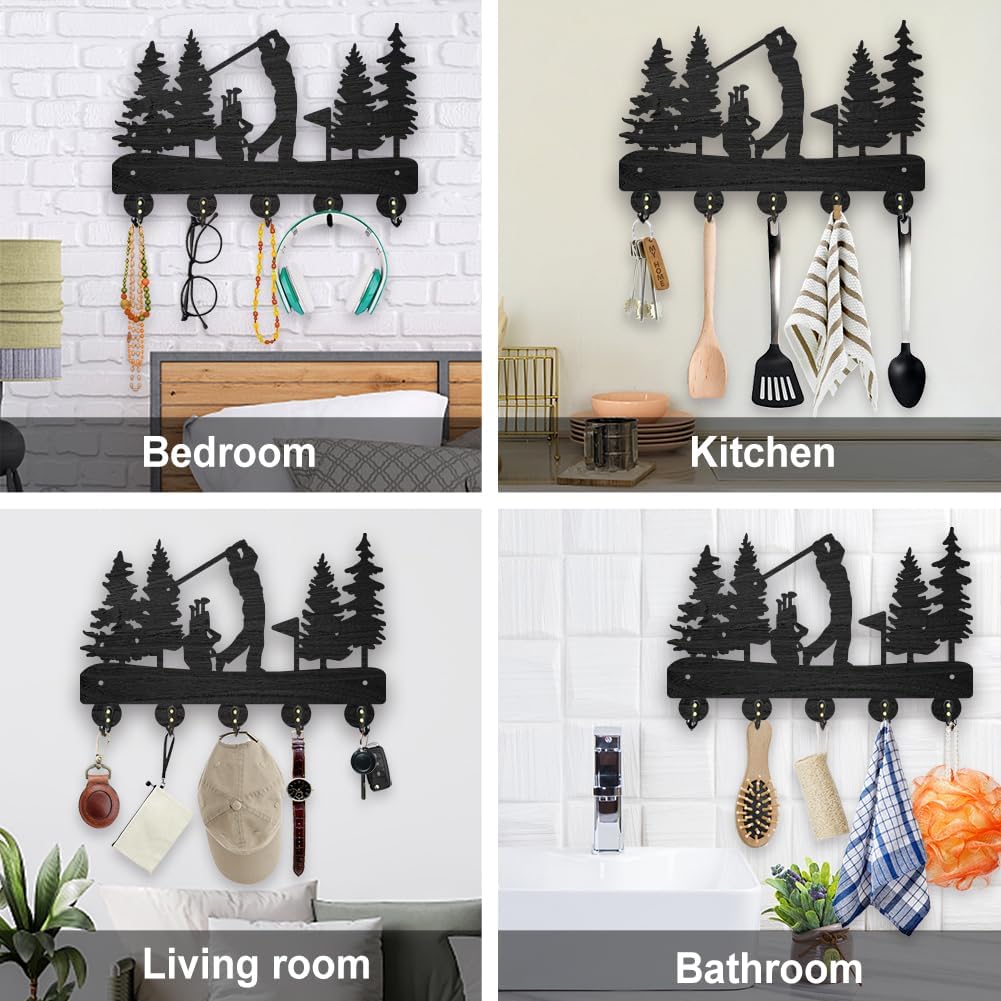 MAYJOYDIY Golf Coat Racks Wall Mounted Wood Golf Clubs Tree Key Hangers for Wall 11.8×7.9inch Black Key Holder 5 Alloy Hooks Home Decor Gifts