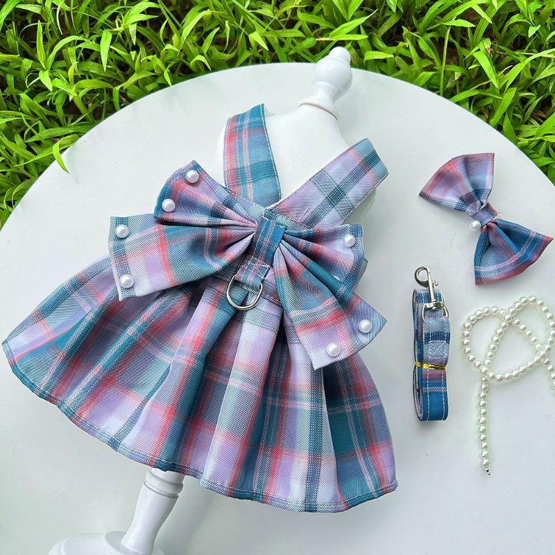 Pet JK Checkered Dog Skirt Chest Strap Leash Dog Walking Cat Vest Clothes Teddy Dog Fighting Supplies