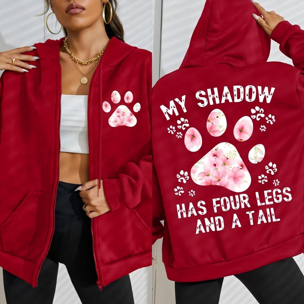 Flower Cat Feet My Shadow Has Four Legs And A Tail Print Zipper Hoody Woman Autumn Hoodies Loose Fleece