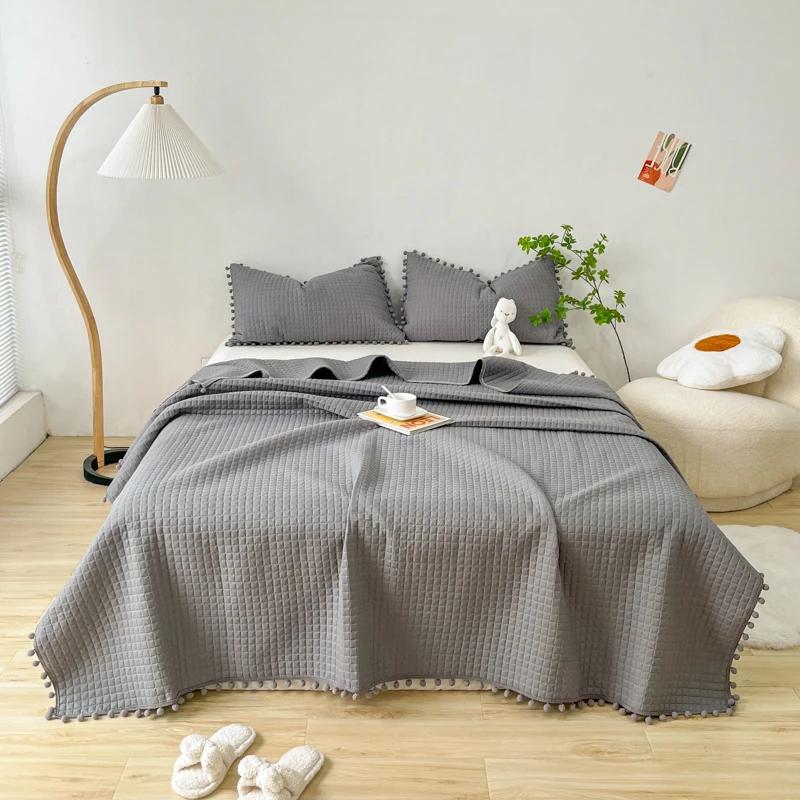 INS Style White Ball Edge Quilted Quilt Blanket Bedspread Washed Solid Color Korean Princess Style Summer Thin Quilt