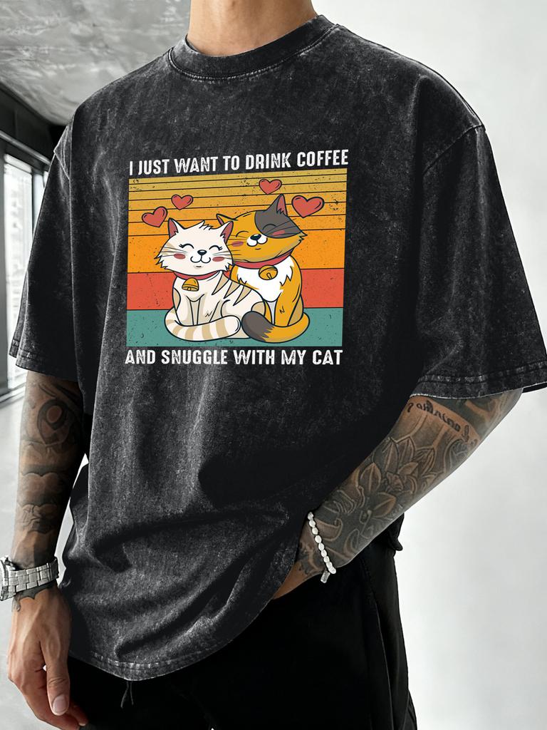 I Want To Have Coffee With My Cat Prints Men Washed Tee Shirt Casual Soft TShirts Breathable Loose Clothes Cotton Summer Top