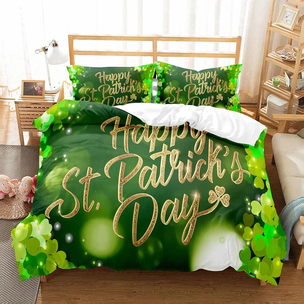 Happy St Patrick's Day Duvet Cover Set Plant Clover Bedding Set Green Lucky Leaf Quilt Cover Botanical Leaves Bedspread Cover