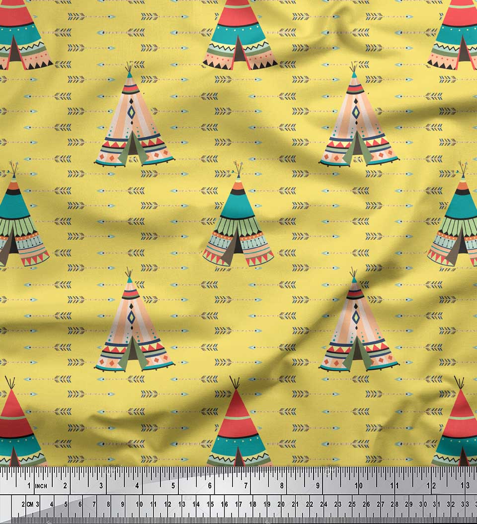 

Тканина для рукоділля Soimoi Black Japan Crepe Satin & Arrow Tribal Printed на метри 42 дюйми 42 Inch Wide - Poly Crepe жовтий