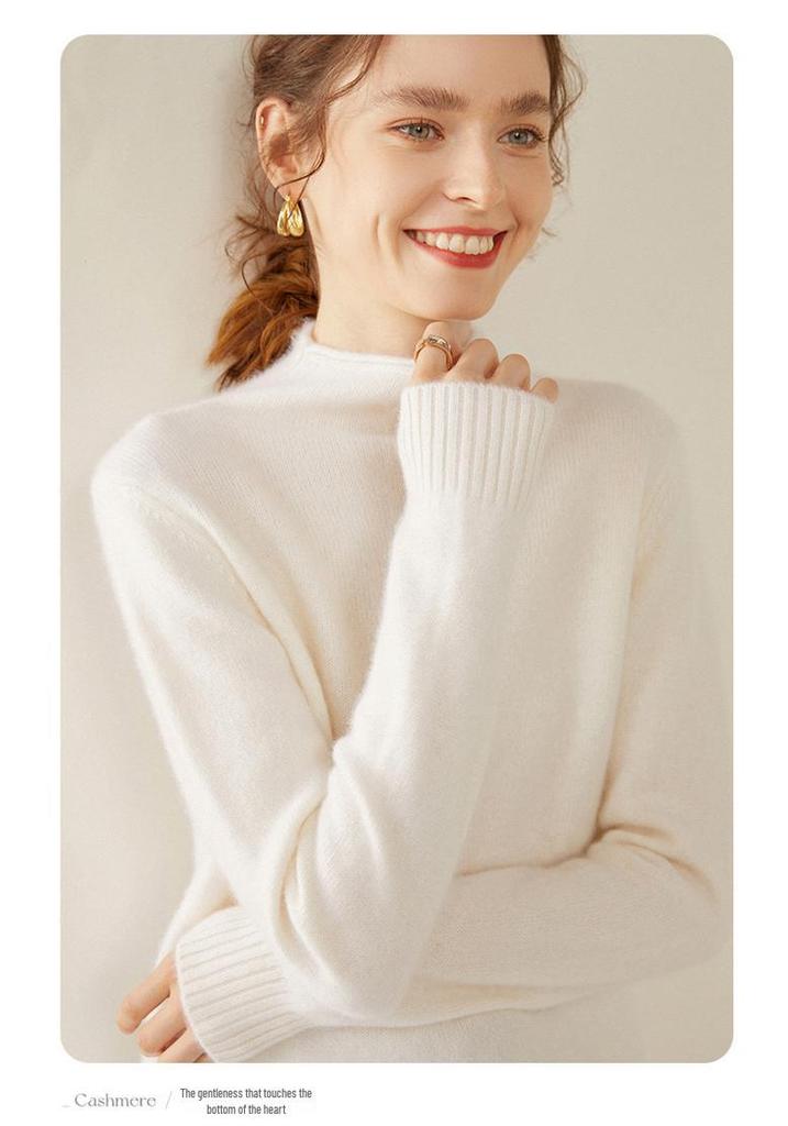 Women's Cloud-Like Cashmere Pullover Sweater - Rolled Hem, Thick, Double-Strand Knit, Half-High Neck