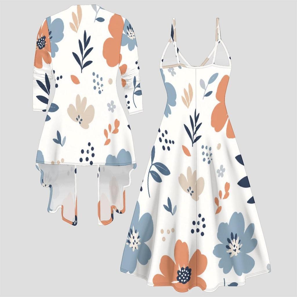 Women Plus Size Two Piece Coordinate Long Sleeve Outerwear Cami Maxi Dress