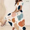 Women Plus Size Round Neck Short Sleeve Abstract Printed Gathered Waist A Line Long Dress
