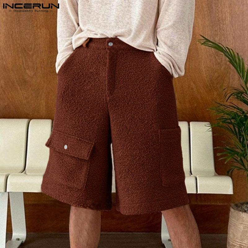 INCERUN Men Zip-up Waist Furry Casual Loose Shorts Half Pants