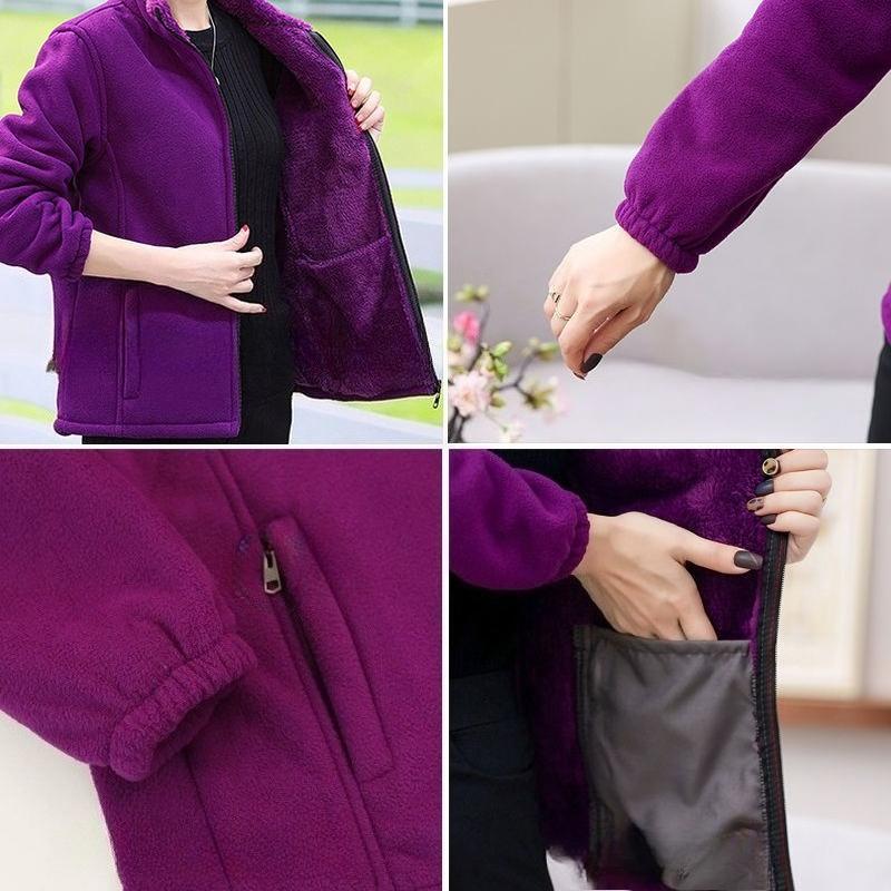 Mid Age Polar Fleece Jacket Women Stand Collar Winter Plush Lined Thick Warm Plus Size Womens Clothing Mom Wear Cardigan Hoodie