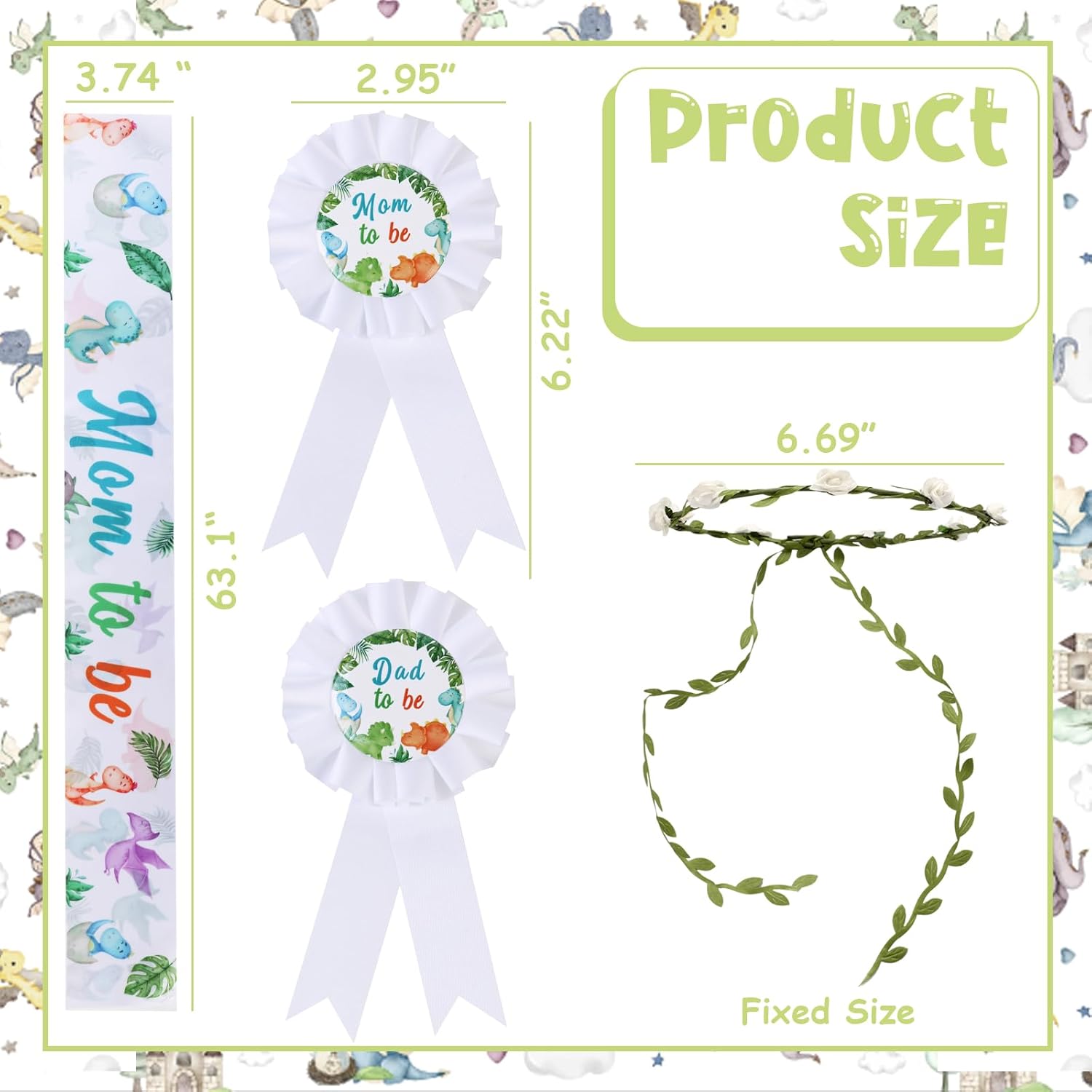 Serencatcher Dinosaur Baby Shower Decorations Pastel, Dino Mom to Be Maternity Sash Mom Dad to Be Button Pin Flower Crown Headband for Dinosaur