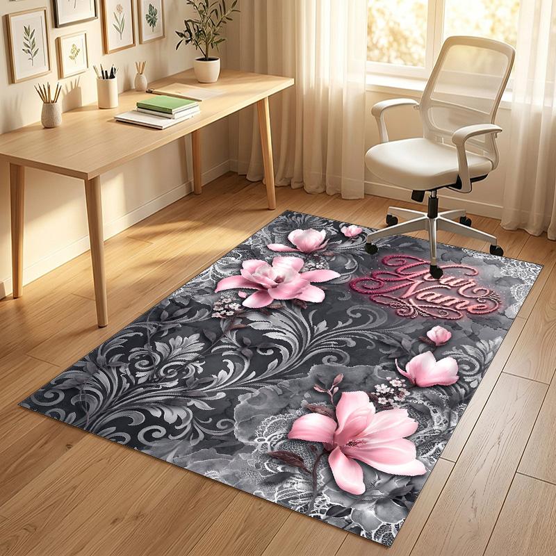 Floral Garden Theme Crystal Velvet Rug Personalized Custom Name Text Soft Floor Mat Home Decor