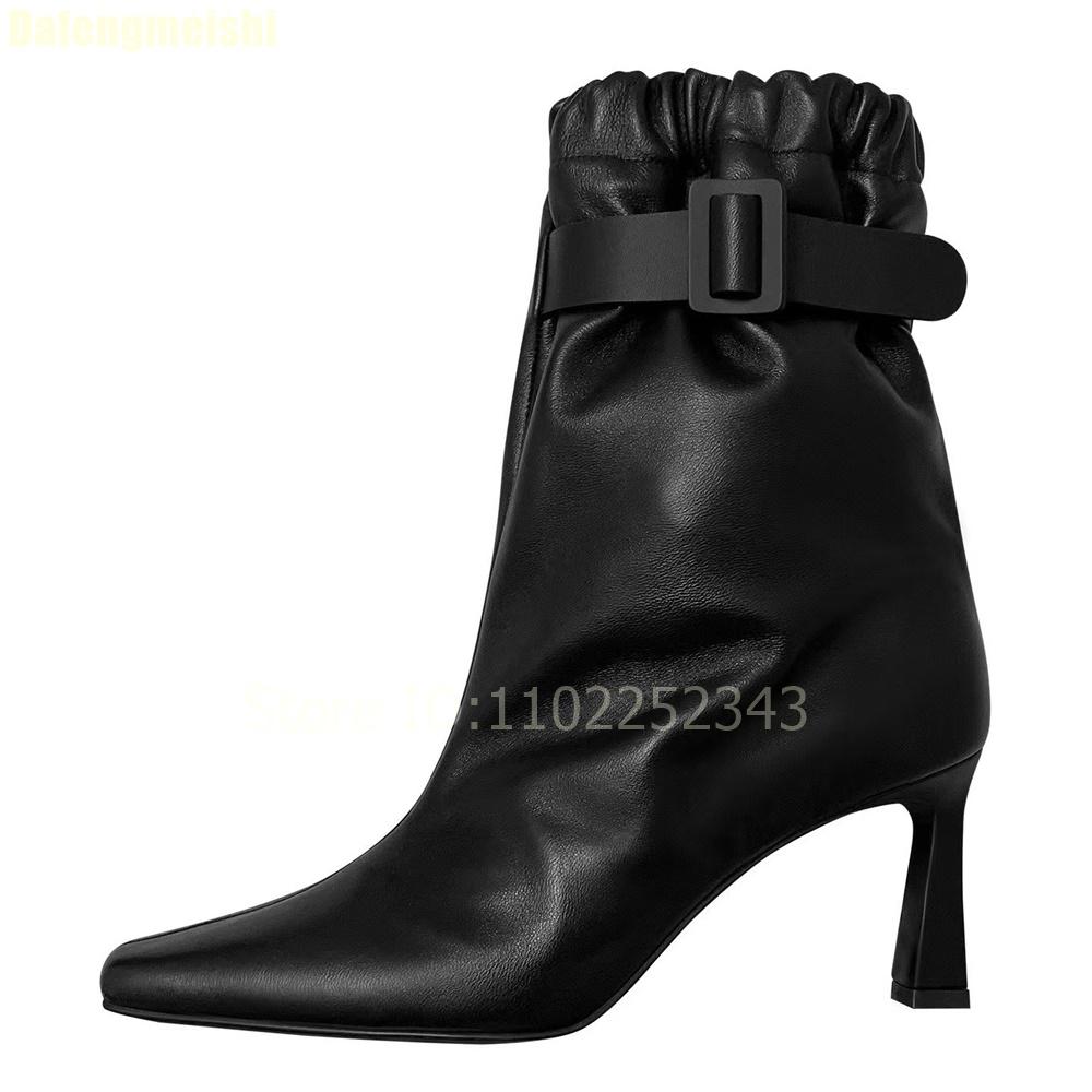 Fashion 2025 New Fashion Solid Color Short Boots Ankle Belt Buckle Elastic Band Mid Heel Boots Thin Heel Pointed Toe Leather Shoes Boots