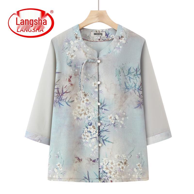 LangSha Women s Floral Print Seven-Sleeve Shirt 3XL