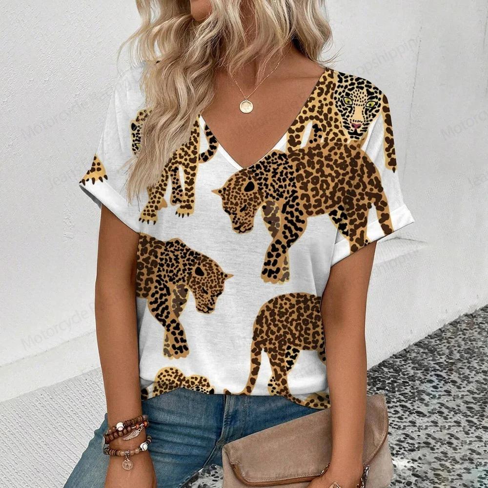 Sexy Leopard 3d Print V-Neck T-shirt Women Fashion Tops Tees Summer Short Sleeve Oversized T Shirt Animal Tshirt Womens Clothes