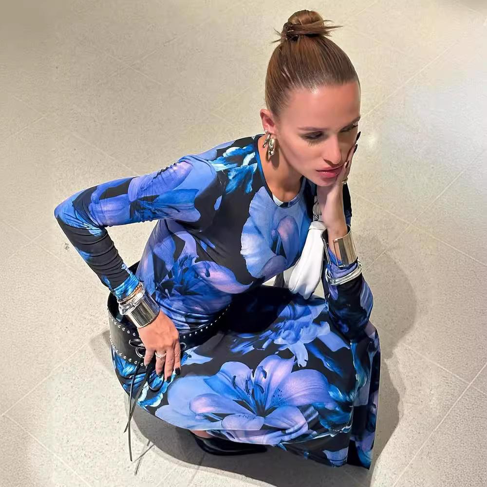 Dámský ležérní potištěný kulatý výstřih s dlouhým rukávem Top Sukně Dvoudílná sada