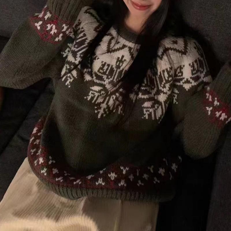 2025 Autumn/Winter Korean Style Soft Jacquard Loose Knit Pullover Sweater for Women