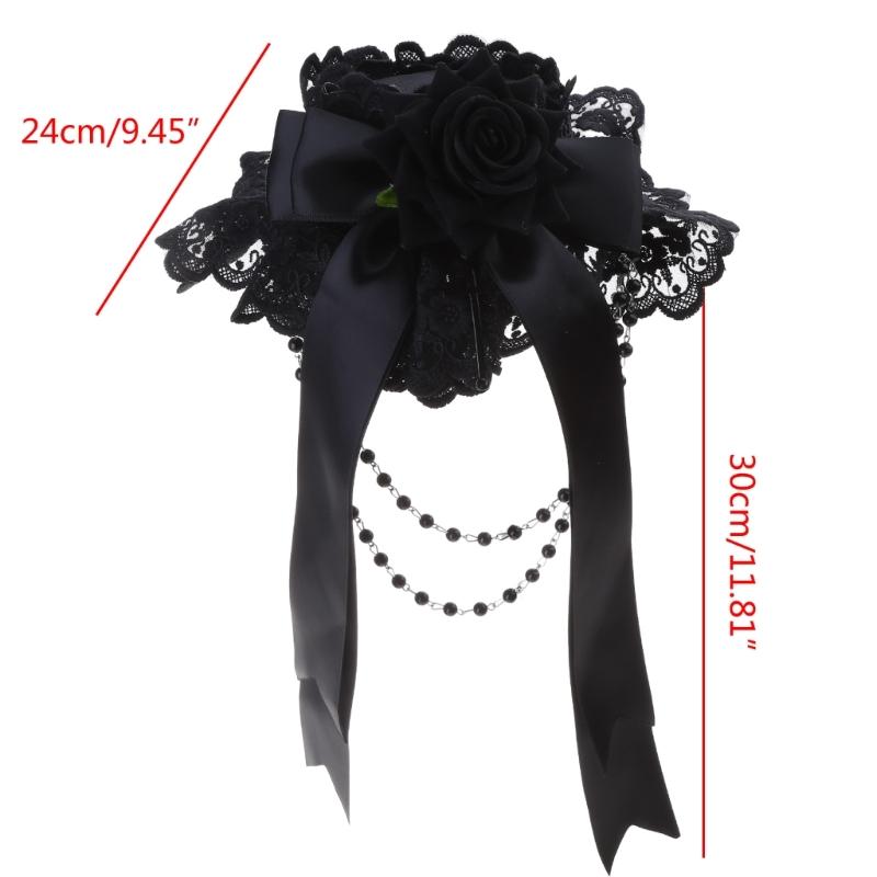 Lolita Ribbon Bows Beaded Pendant Bonnet Cap Headdress Gothic Flower Lace Mini Top Hat Headwear Cosplay Accessories