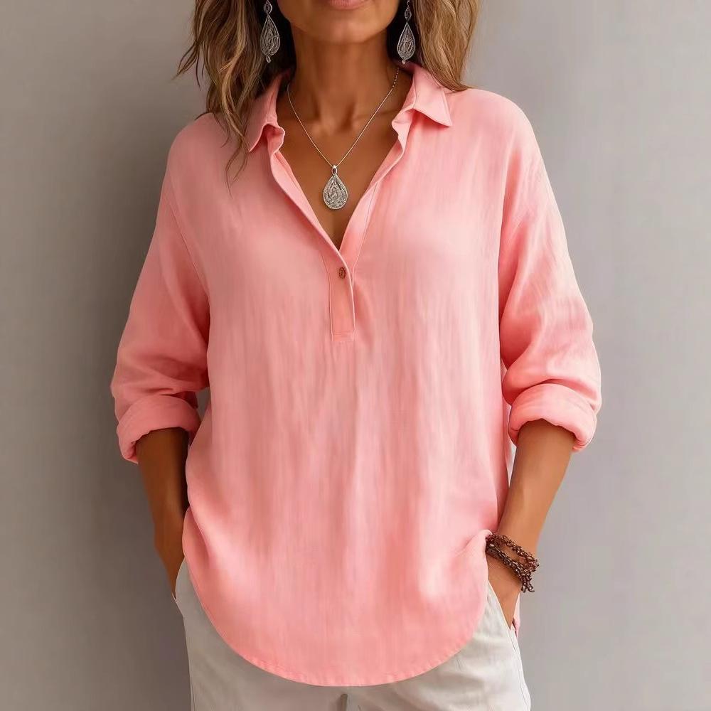 2025 Damen Frühlingshemd Kragen Langarm Pullover Einfarbig Locker Damenhemd