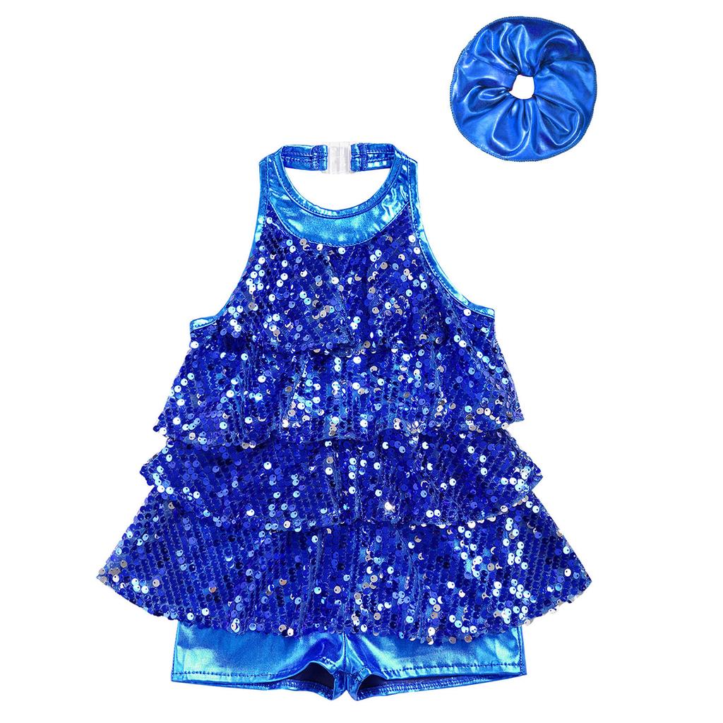 Kids Dance Leotard Halter Neck with Shiny Sequins Ruffles for Jazz Latin Performance Costume