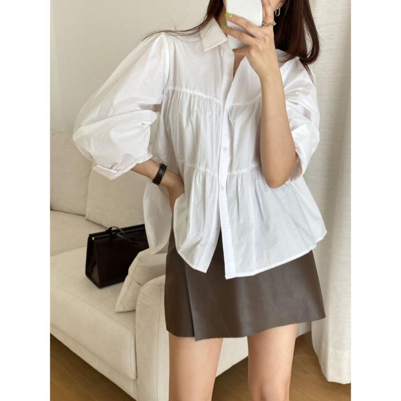 Casual Puff Sleeve Pleated White Shirts for Women Fashion Patchwork Simple Single Breasted Loose Blouses Tops Women Solid Lapel Vintage Blouse 26288