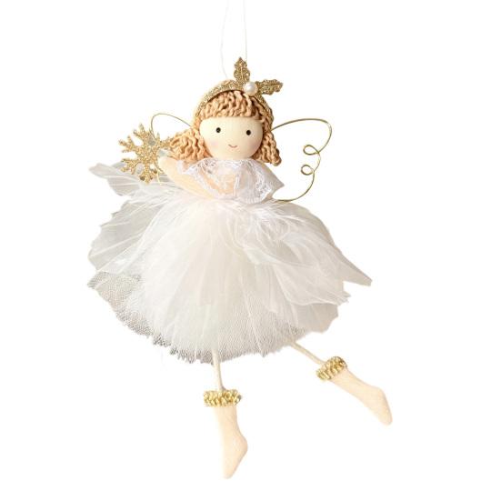 Elegant Christmas Room Furnishings Angel Doll Hanging Ornaments with Lace Mesh And Glitter Wings for Fairy Tale Style Tree Decoration, Fabric Pendant