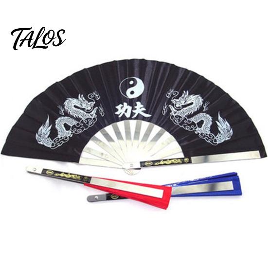 Handheld Tai Ji Fan Dual Dragon Print Loud Clack Chinese Style Portable Large Size Performance Prop Crafts Anti-rust Stainless Steel Rib Folding