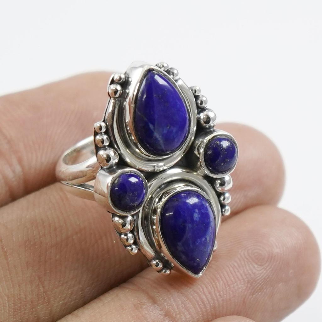 Genuine Lapis Ring, Handmade Ring, 925 Sterling Silver Ring, Teardrop Round Lapis Lazuli Ring, Taurus Birthstone, Gift for Her