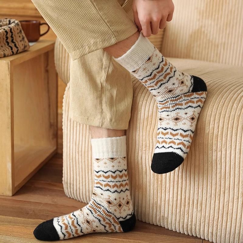Thick Woolen Socks Mid-Calf Ultra-Thick Home Floor Sleep Warmth Retro Ethnic Style Autumn Winter Home Comfort Stocking