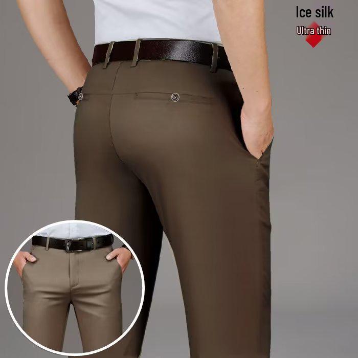Men's Summer Lightweight Casual Straight-Leg Trousers - Ice Silk Business Suit Pants for Middle-Aged Men