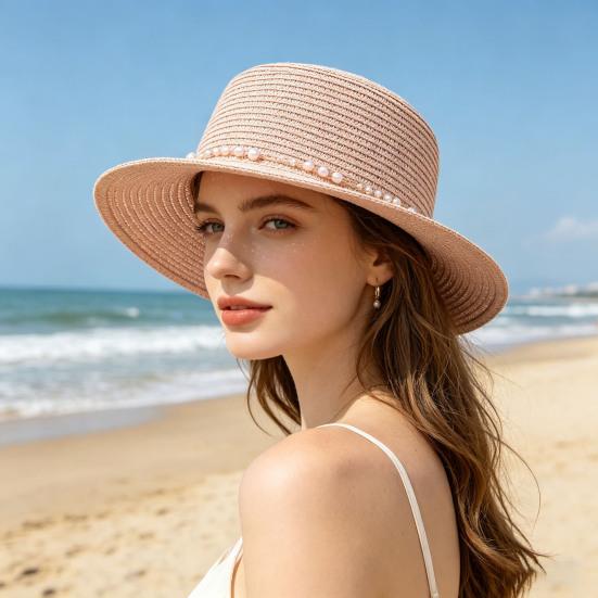 Beach Hat Wide Brim Flat Top Imitation Pearls Trim Tulle Bow Decor Straw Hat Lightweight Breathable Sun Protection Hat