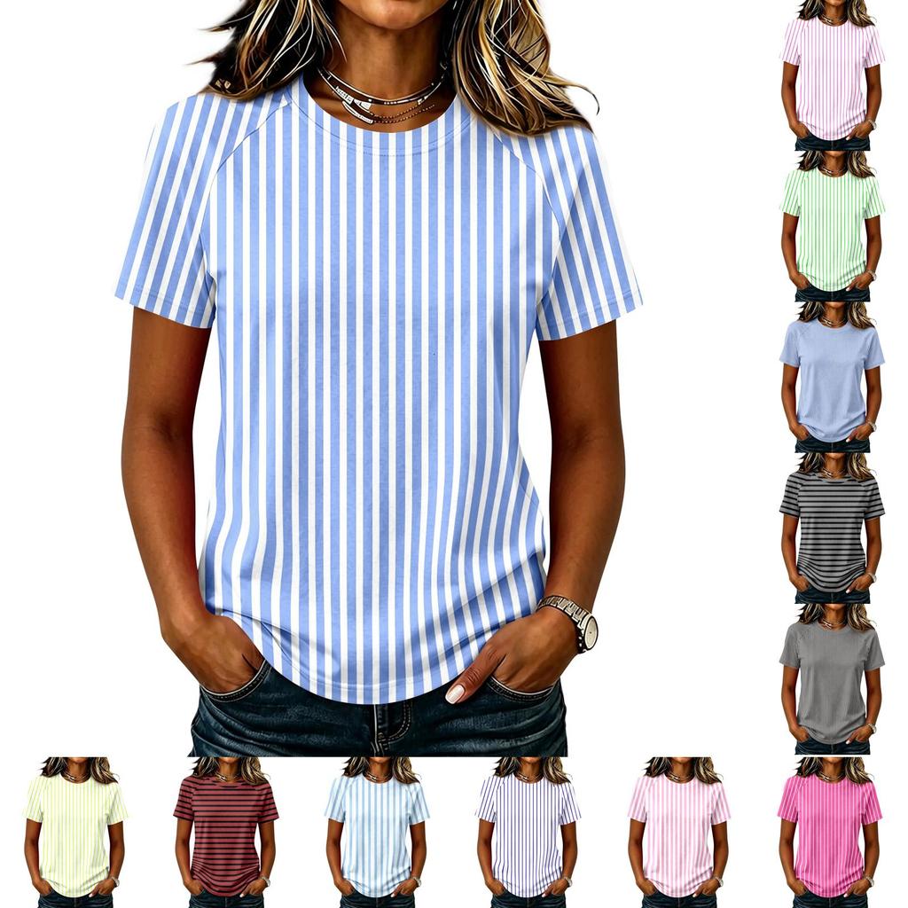 Top Casual da Donna a Maniche Corte Raglan con Stampa a Righe Girocollo Leggero Camicia Estiva