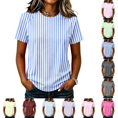 Women's Casual Short Sleeve Raglan Sleeve Top Striped Printed Crew Neck Lightweight Summer Shirt