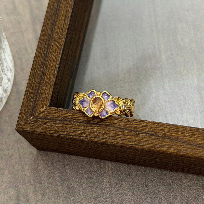 Medieval Vintage Court Style Light Luxury Retro Flower Auspicious Cloud Purple Enamel Open Ring Niche Stacked Wearing Woman
