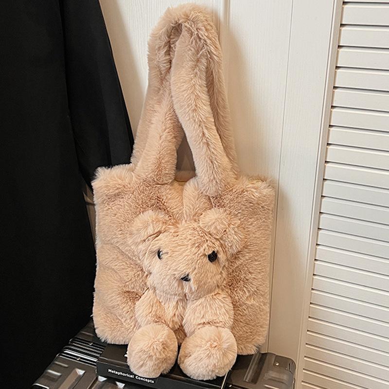 2025 Autumn New Fashion New Tote Plush Women's Bag Simple Shoulder Portable Bear Girlish Handbag Bag
