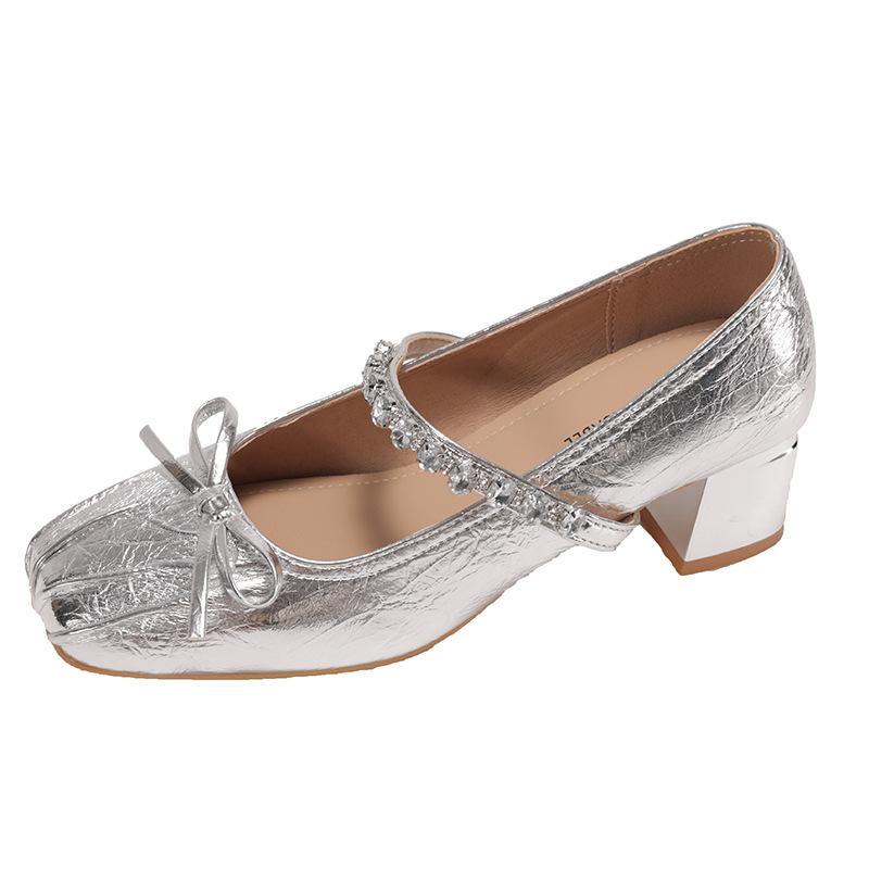 

Rhinestone thick heel French silver 2025 new Mary Jane light mouth single shoes women s high heels women s skirt bow 40 серебряный