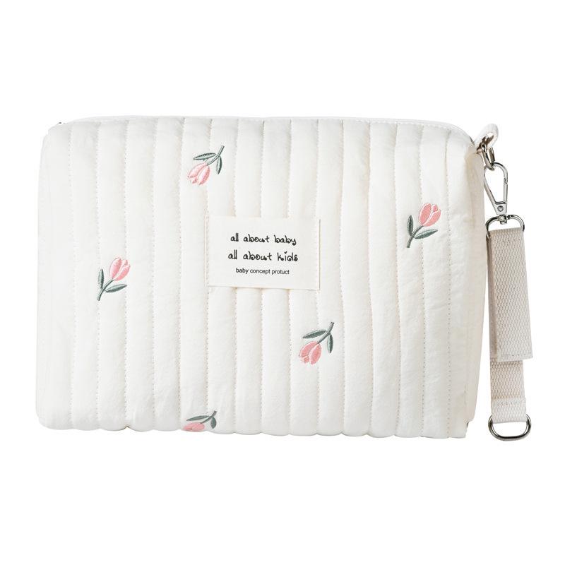 Quilted Cotton Baby Stroller Organizer - Zipper, Embroidery, Diaper & Bottle Storage Bag